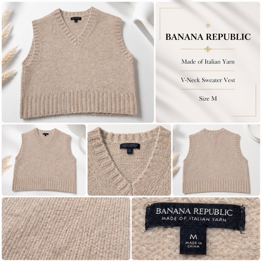 Banana Republic Italian Yarn V‑Neck Sweater Vest Women's Medium Beige